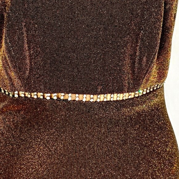 Bronze Shimmer Gown Rhinestone Waist Slip Dress Sleek Hollywood Glam VTG Cache 8 - Picture 4 of 12